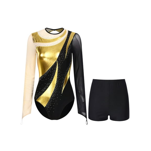 YUUMIN Women's Contrast Color Long Sleeve Dance Leotard Performance Costume Gymnastics Bodysuit with Gold XXL