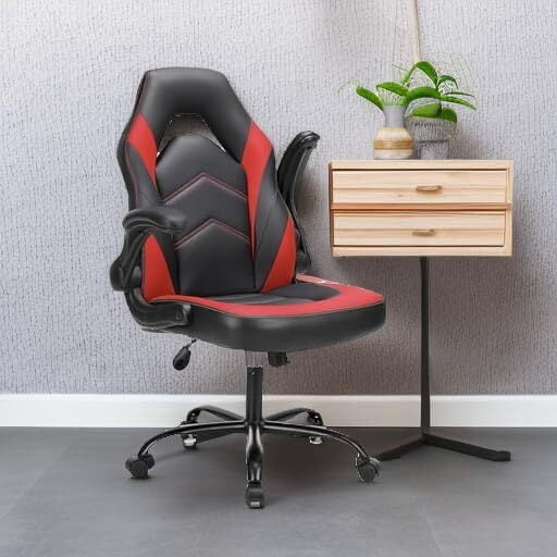 AENKYO Gaming Chair, Computer Chair Ergonomic Office Chair PU Leather Desk Chair Executive Adjustable Swivel Task Chair with Flip-up Armrest, Red