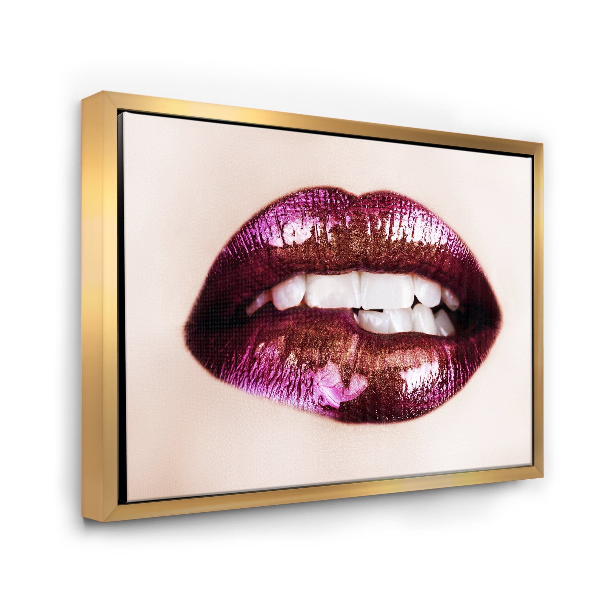 Designart 'Close-Up Of Purple Female Lips' Modern Framed Canvas Wall Art Print