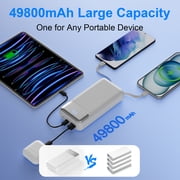 49800mAh Power Bank with Built in Cables, 22.5W Fast Charging Portable Charger, 4 Outputs 3 Inputs Led Display Battery Pack, Travel Essentials Phone Charger Compatible for iPhone/iPad/Samsung, White