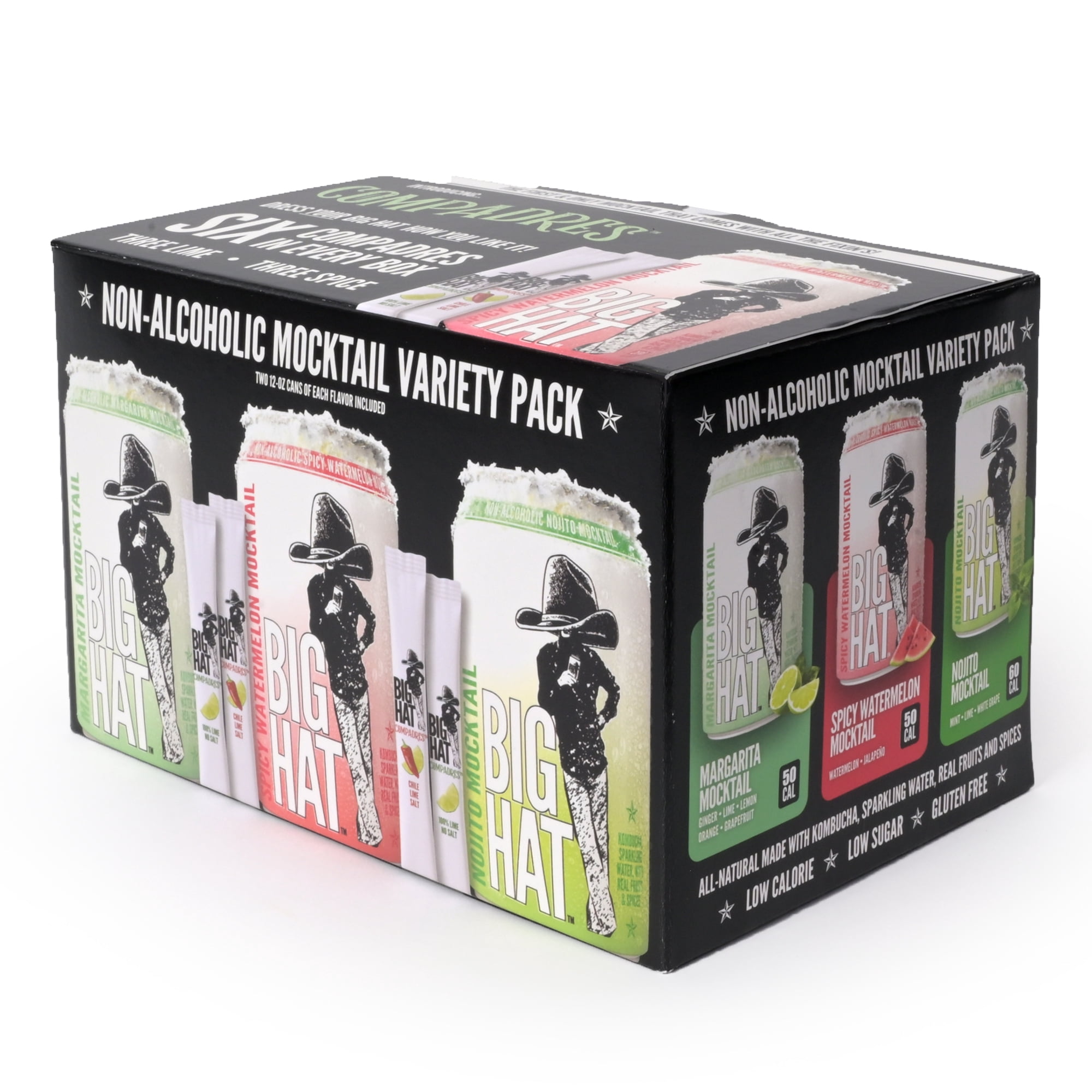 BIG HAT Mocktail Non-Alcoholic Variety Pack with Margarita, Nojito, and Spicy Watermelon, 6 Pack, 12 fl oz Cans