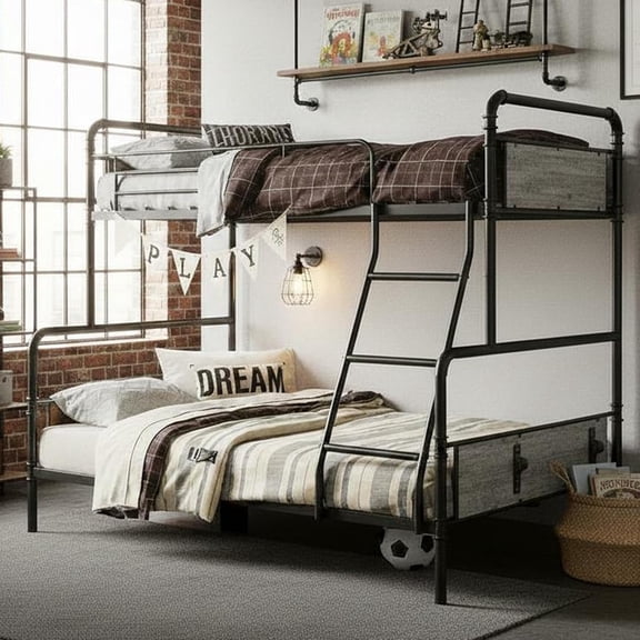 Twin Over Full Metal Bunk Bed with Ladder, Heavy Duty Steel Frame, High Guardrails, Convertible Design, Metal Slats Support, Space-Saving, Easy Assembly,Twin,Black