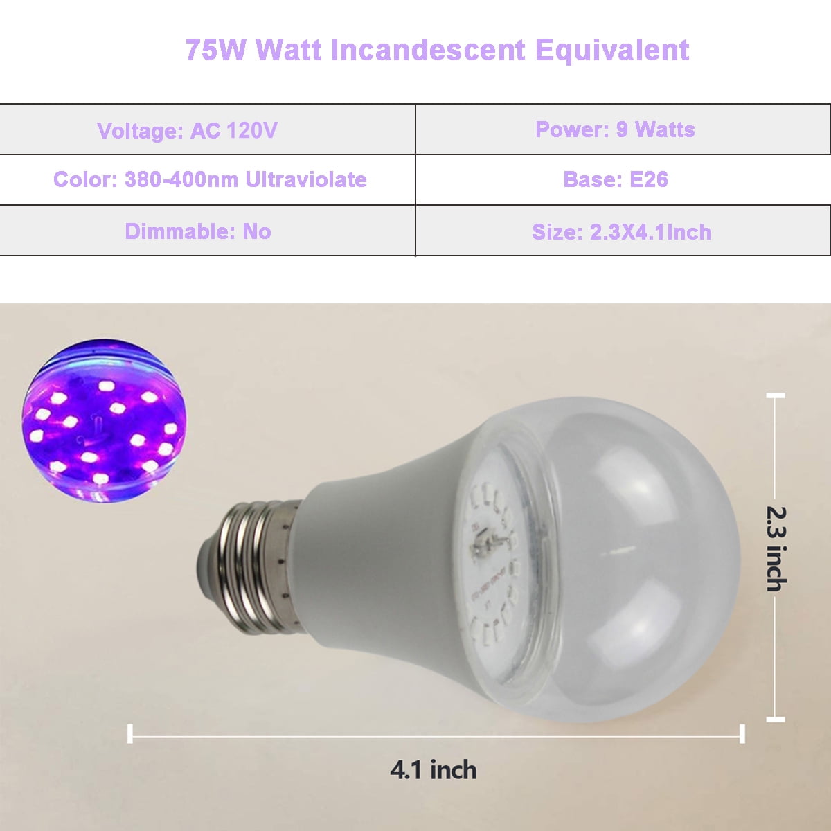 LED Black Lights Bulb, 9W A19 Led Bulb (75Watt Equivalent), UVA Level 380-400nm, E26 Medium Base