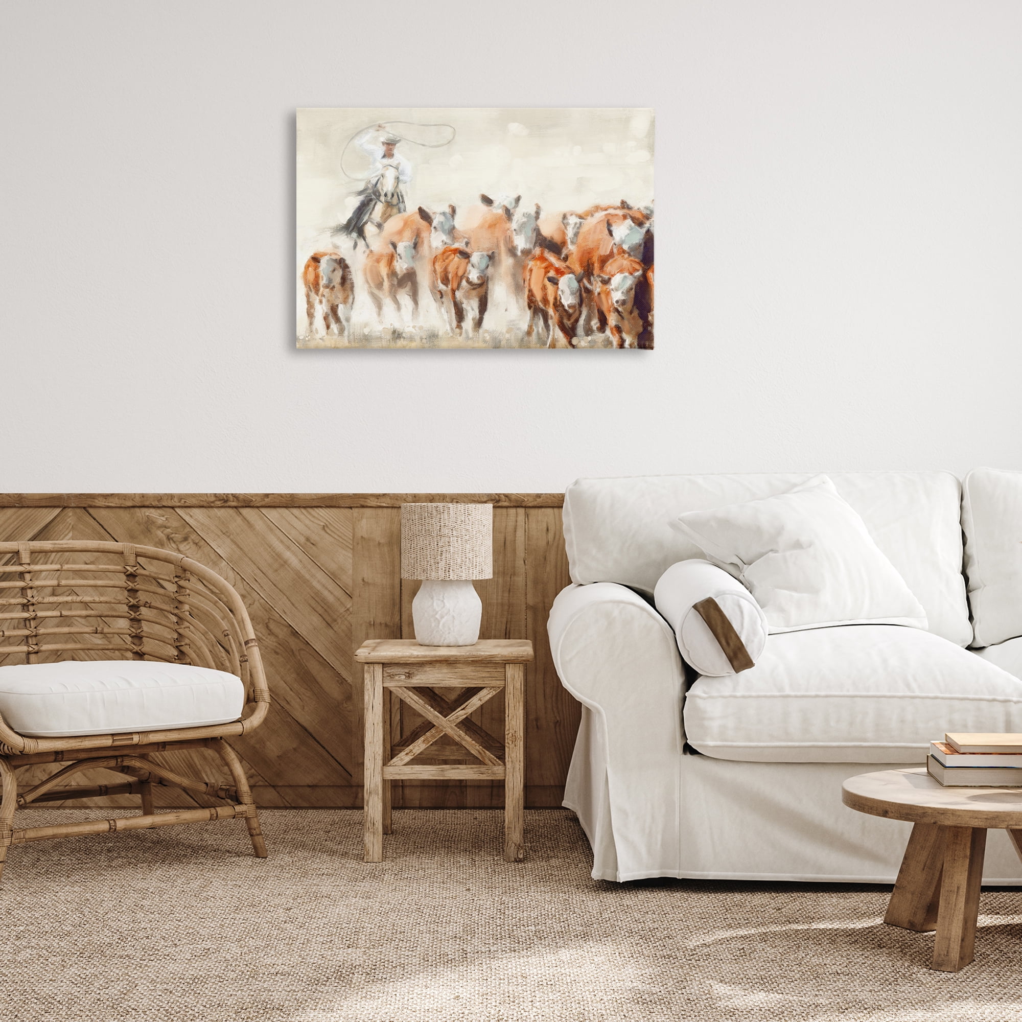 Stupell Industries Cowboy Cattle Roundup Animals Painting Wrapped Canvas Art Print Wall Art, 30 x 20