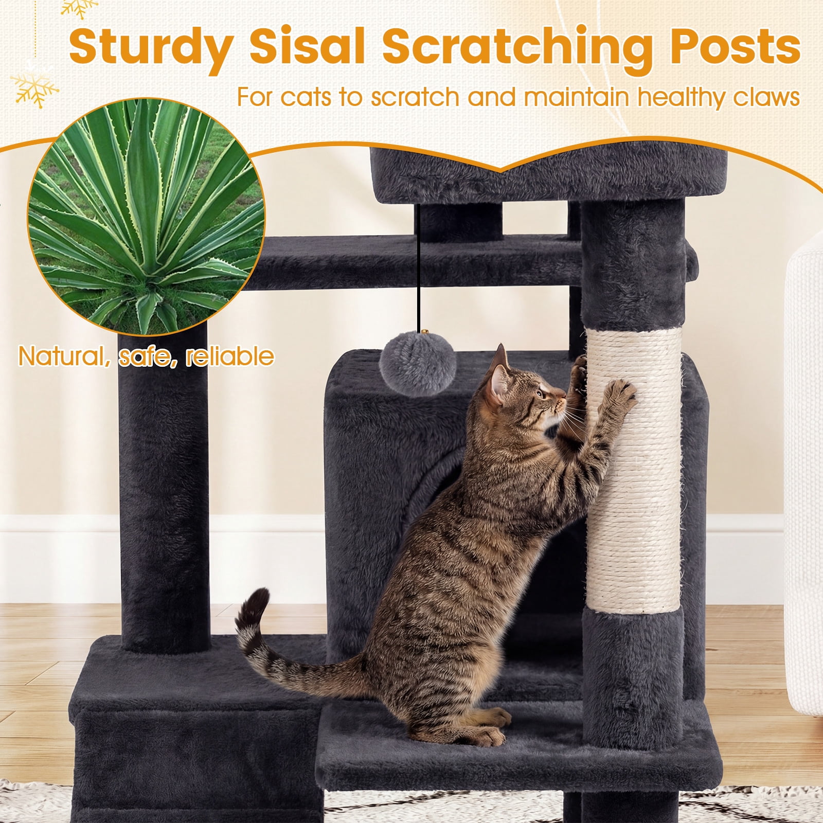 Gymax 52'' Tall Cat Tree Tower w/2 Condos Plush Padded Perch Sisal Scratching Posts Dark Gray