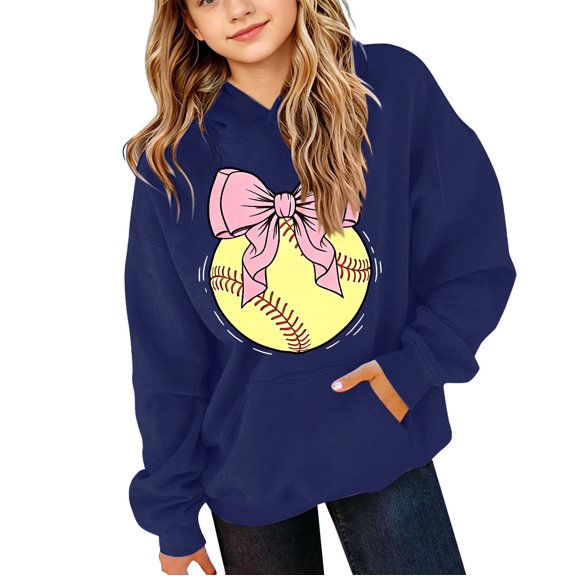EnJoCho Girls Oversized Hoodie Softball Bow Graphic Pullover Hooded Sweatshirt Long Sleeve Front Pocket Casual Fall Winter School Sporty for Kids Teens