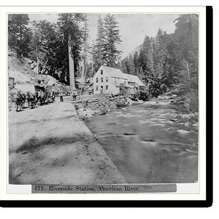 Historic Print, Riverside Station, American River - Wagons and people in foreground, 18" x 24"