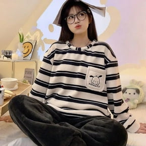 Pijamas Kawaii Sanrio Kuromi Cinnamoroll Pachacco para mujer, ropa de dormir de franela gruesa y cálida, cuello redondo, Invierno