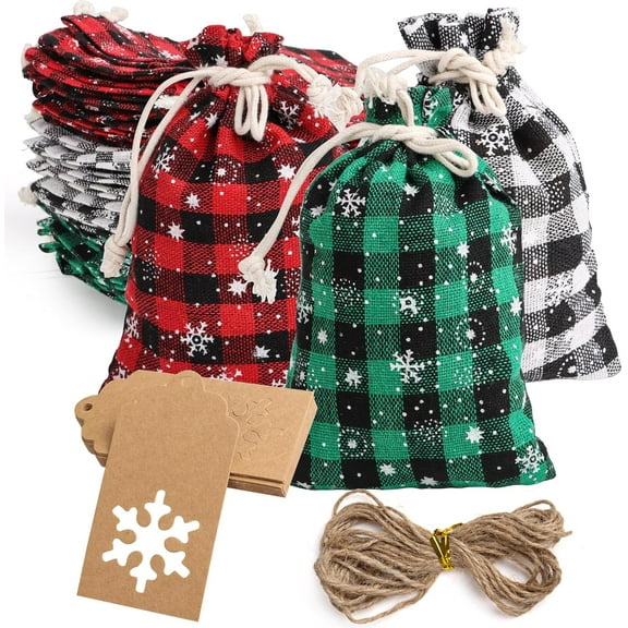 24pcs Christmas Buffalo Plaid Drawstring Bag Xmas Snowflake Line Plaid Gift Treat Bags with Kraft Gift Tags for Christmas Gift Wrapping Party Favor Supply,Mixed Color