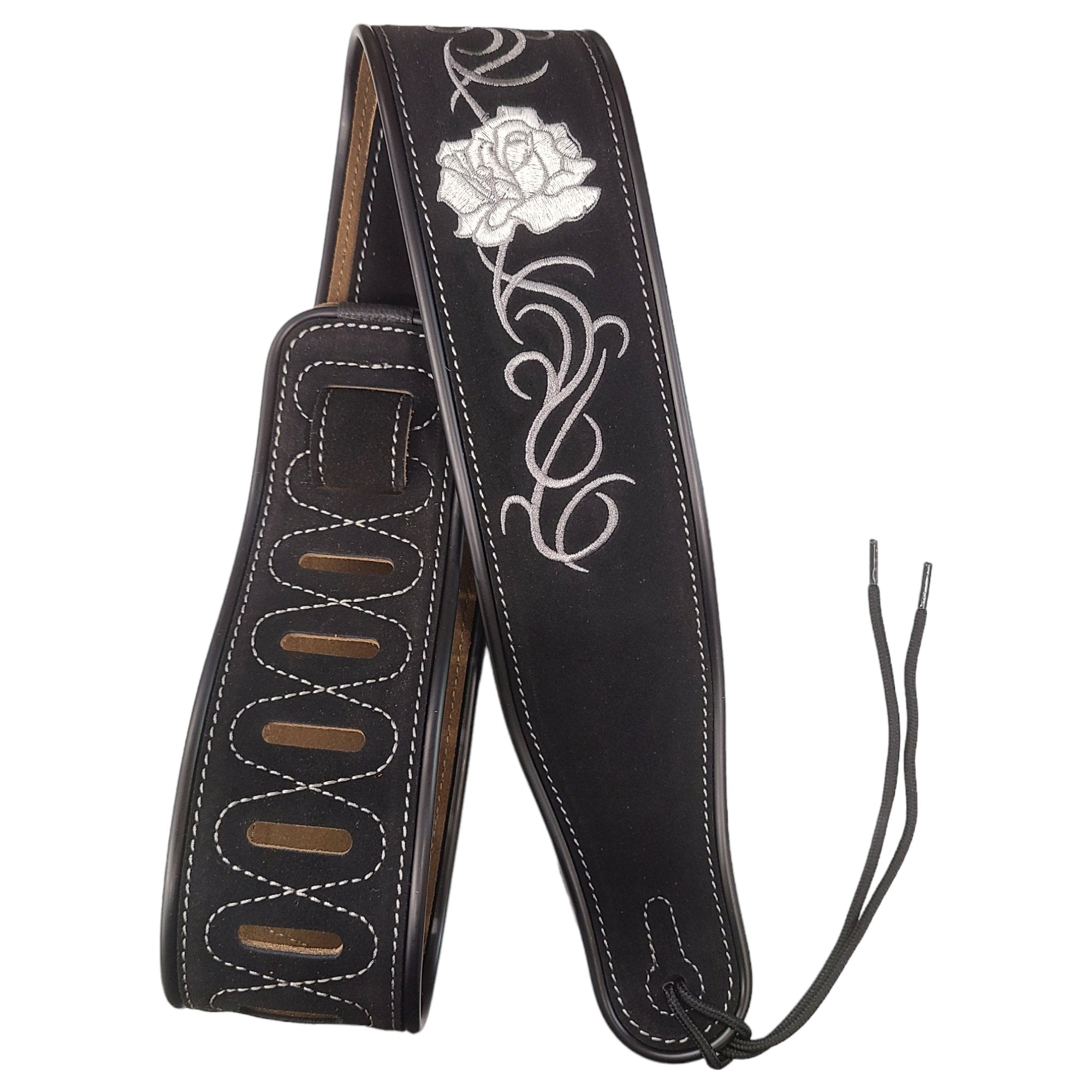 Leather Strap Acoustic Electric Guitar Bass Black Brown Notes Wide Thick Padded Black Suede Flower