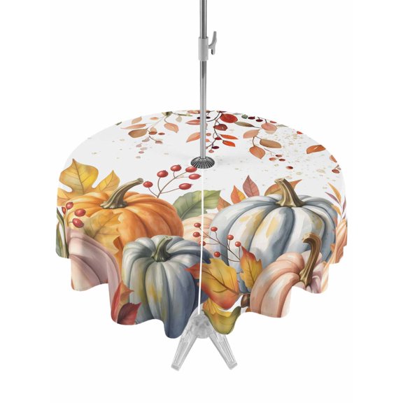 Outdoor Tablecloth with Umbrella Hole and Zipper, Orange Pumpkins Fall Round Table Cloth 60 Inch Waterproof Tablecloth, Thanksgiving Botanical Autumn Picnic Table Cover for Patio Camping