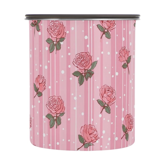 900ml Stainless Steel Food Storage Containers Cute Rose Pattern Airtight Kitchen Canisters with Vacuum Lid for Coffee Tea Flour Sugar Grains