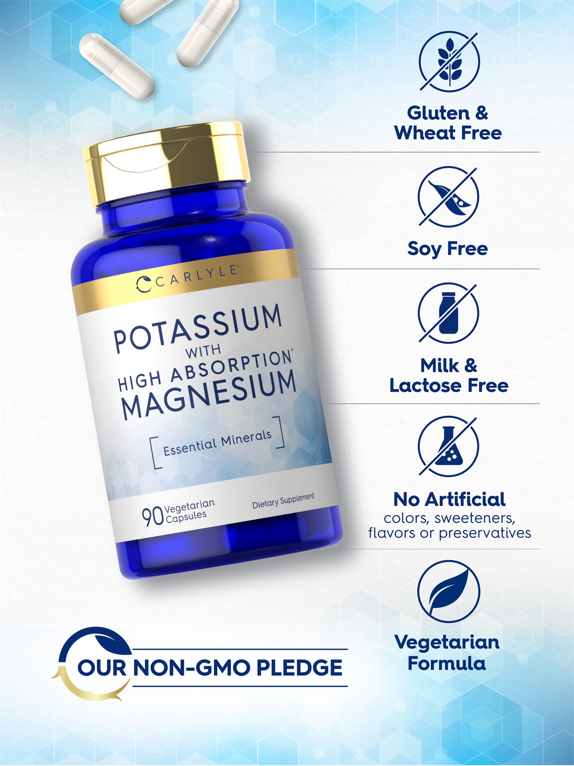Potassium Magnesium Supplement | 90 Capsules | High Absorption | For Men and Women | by Carlyle