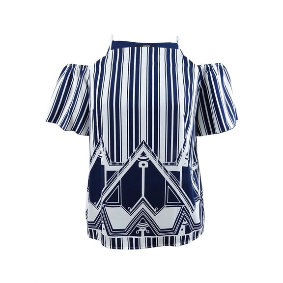 Alfani Women's Petite Mixed-Print Cold-Shoulder Top (PL, Navy Geo Stripe)