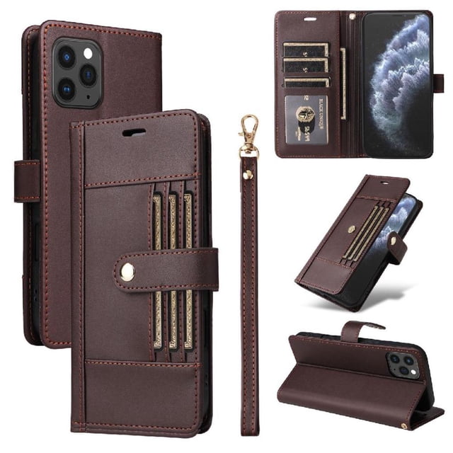 FOXDOCK Funda tipo Cartera para iPhone 15 Pro – Cubierta de Cuero PU con Múltiples Ranuras, Bolsillo para Efectivo y Correa de Muñeca