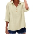 thumbnail image 4 of ManxiVoo V Neck Button Down Blouse for Women 3/4 Sleeve Cotton Linen Shirt Breezy Summer Tops Relaxed Fit Casual Office Wear L Size Beige, 4 of 9