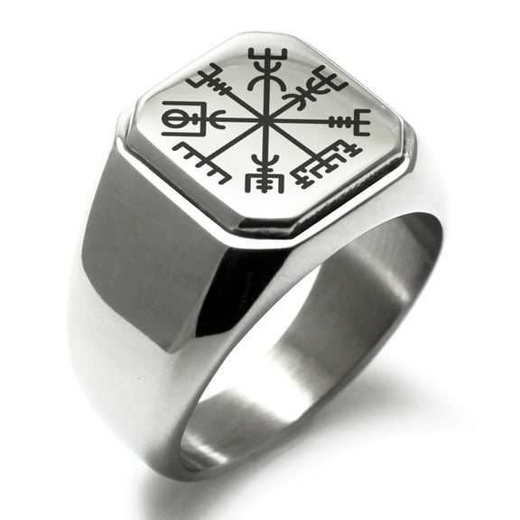 Stainless Steel Vegvisir Viking Compass Engraved Square Flat Top Biker Style Polished Signet Ring