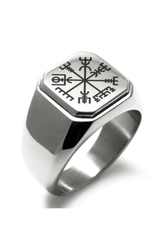 Stainless Steel Vegvisir Viking Compass Engraved Square Flat Top Biker Style Polished Signet Ring