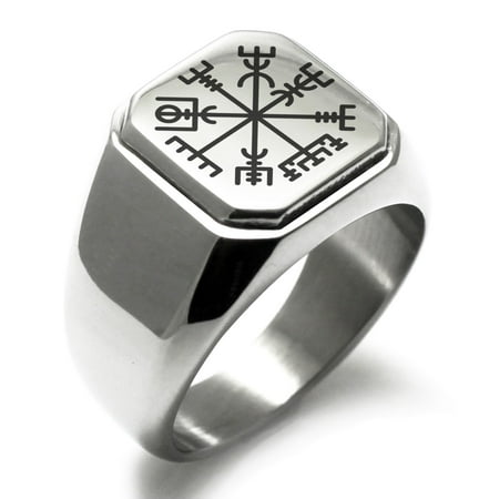 Viking Logo Ring - Stainless Steel Vegvisir Viking Compass Engraved Square Flat Top Biker Style Polished Signet Ring