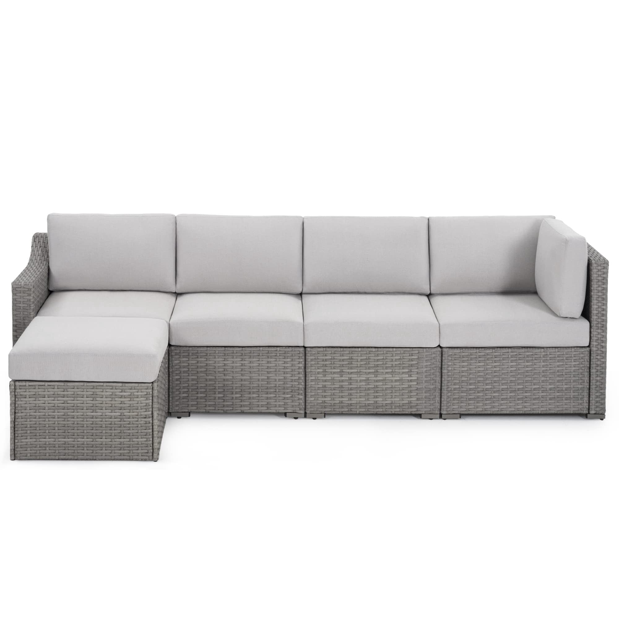 5 Piece Patio Conversation Set, All-Weather PE Rattan Wicker Outdoor Sectional Sofa Set, Modular Patio Furniture with Cushions for Backyard, Deck, Porch, Balcony, Poolside (Grey/Beige)