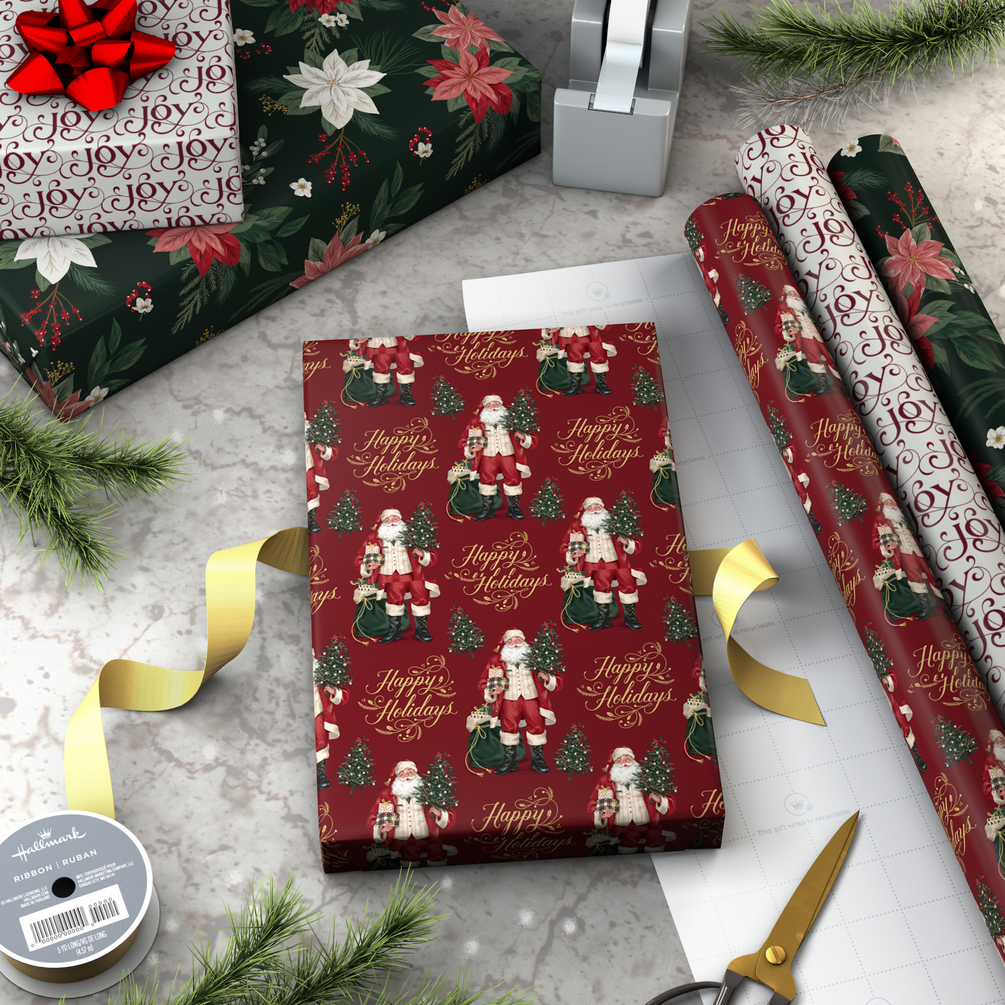 Hallmark Elegant Christmas Wrapping Paper Rolls (3 Rolls: 120 Sq. Ft. Total) Red "Joy" on White, Santa Claus and "Happy Holidays" on Red, Painted Poinsettia on Hunter Green
