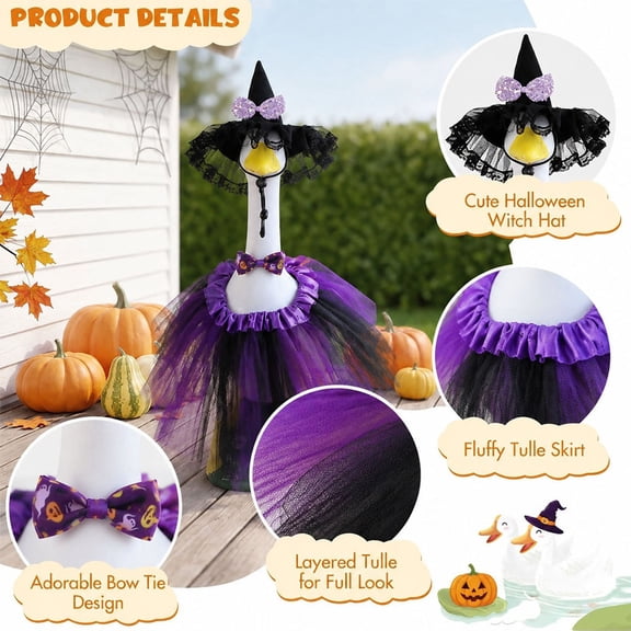 Sruoe Halloween Porch Goose Outfits, 23 Inch Porch Goose Clothes, Witch Hat Bow Skirt Outfit, Goose Clothes Dress, Duck Sculpture Clothes for Lawn Statue Cement Statue Yard Patio Party Decoration