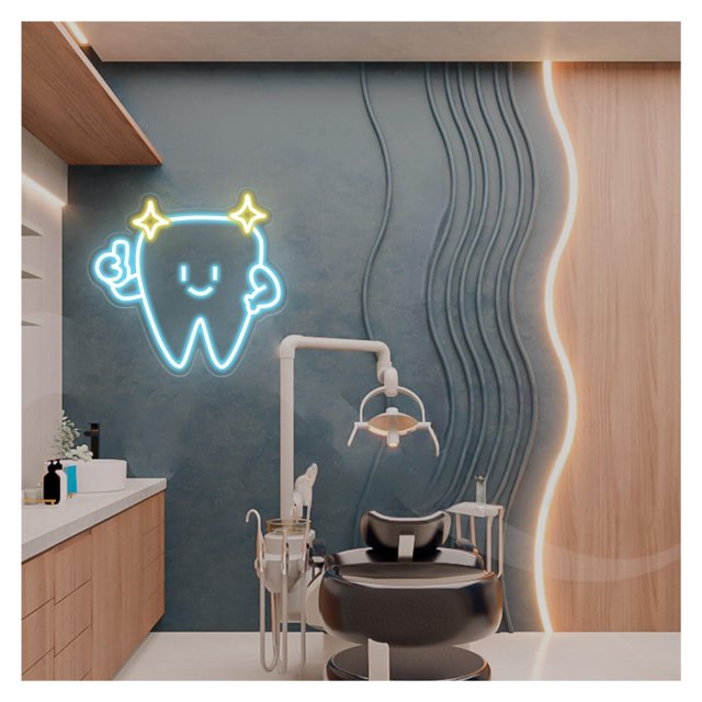 Letrero De Neón Con Forma Diente, Cara Sonriente Y Pulgares Arriba, Ideal Para La Decoración Oficina Del Dentista, 38cmx40cm