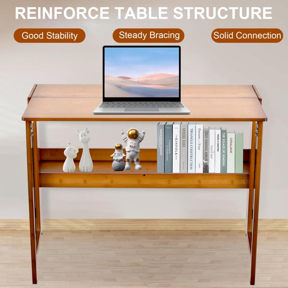 Bamboo Folding Desk, Space-Saving Workstation with Bookshelf for Home Office and Small Apartments (Brown)