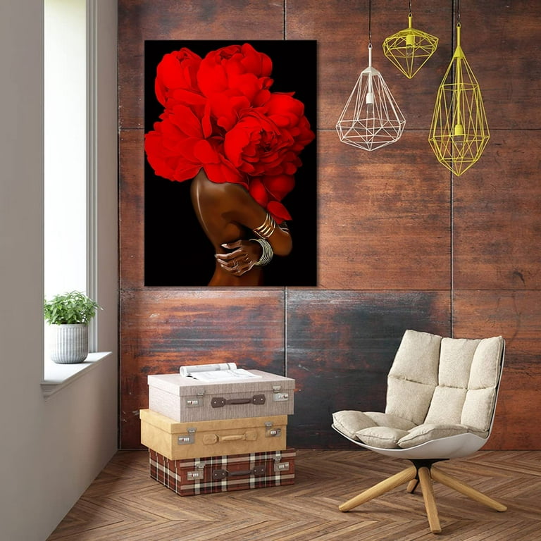 African American Wall Art Red Flower on Black Women Head Vintage