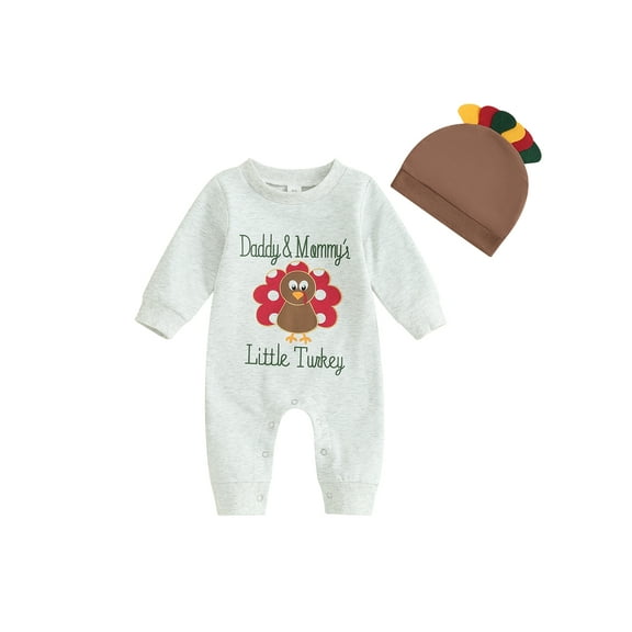 Jxzom Thanksgiving Baby Boy Girl Outfits 0 3 6 12 18 Months Turkey Print Long Sleeve Sweatshirt Jumpsuit with Hat 2Pcs Fall Clothes Set