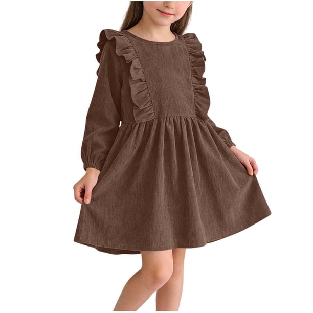 Vestido de manga larga con cuello redondo para niña, color liso, informal y cómodo, de poliéster.