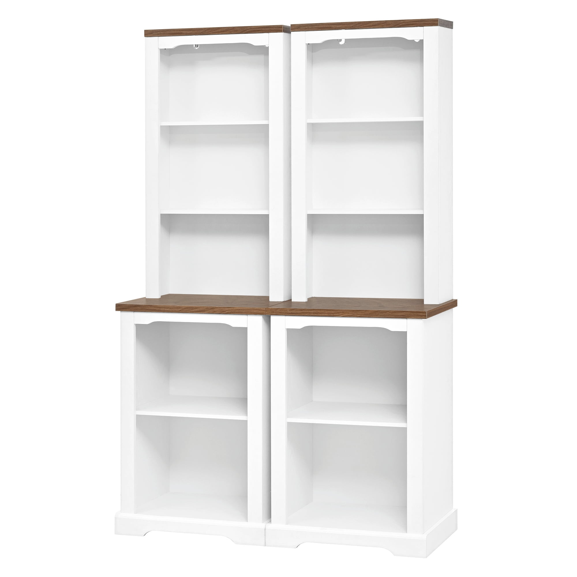 Mintazer 2-Piece Farmhouse Open Bookcase Set, 66"H Freestanding Display Storage Cabinets with Curved Trim for Living Room Bedroom, White & Walnut
