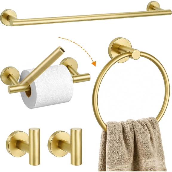 5 Piece Brushed Gold Bathroom Hardware Accessories Set, 24" Towel Bar Set Towel Rack Set with Wall Mounted SUS304 Stainless Steel, Double Post Toilet Paper Holder, Towel Bar, Towel Ring & Robe Hooks