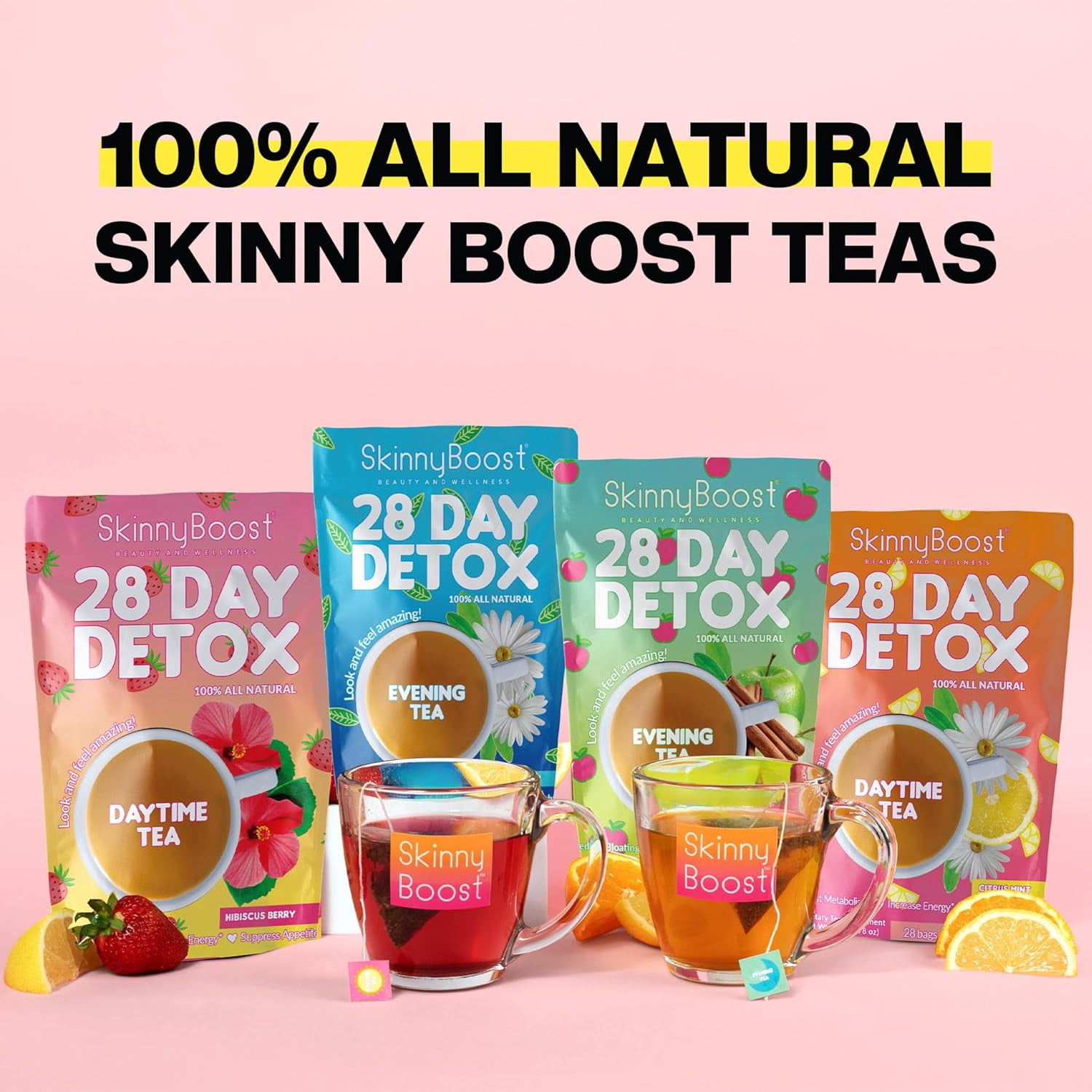SkinnyBoost 28 Day Detox Tea Kit-1 Daytime Hibiscus (28 Bags) 1 Evening Apple Cinnamon(14 Bags) Non GMO, Vegan, All Natural, Green Tea and Herbal Teas for Natural Detox and Cleanse, Reduce Bloating
