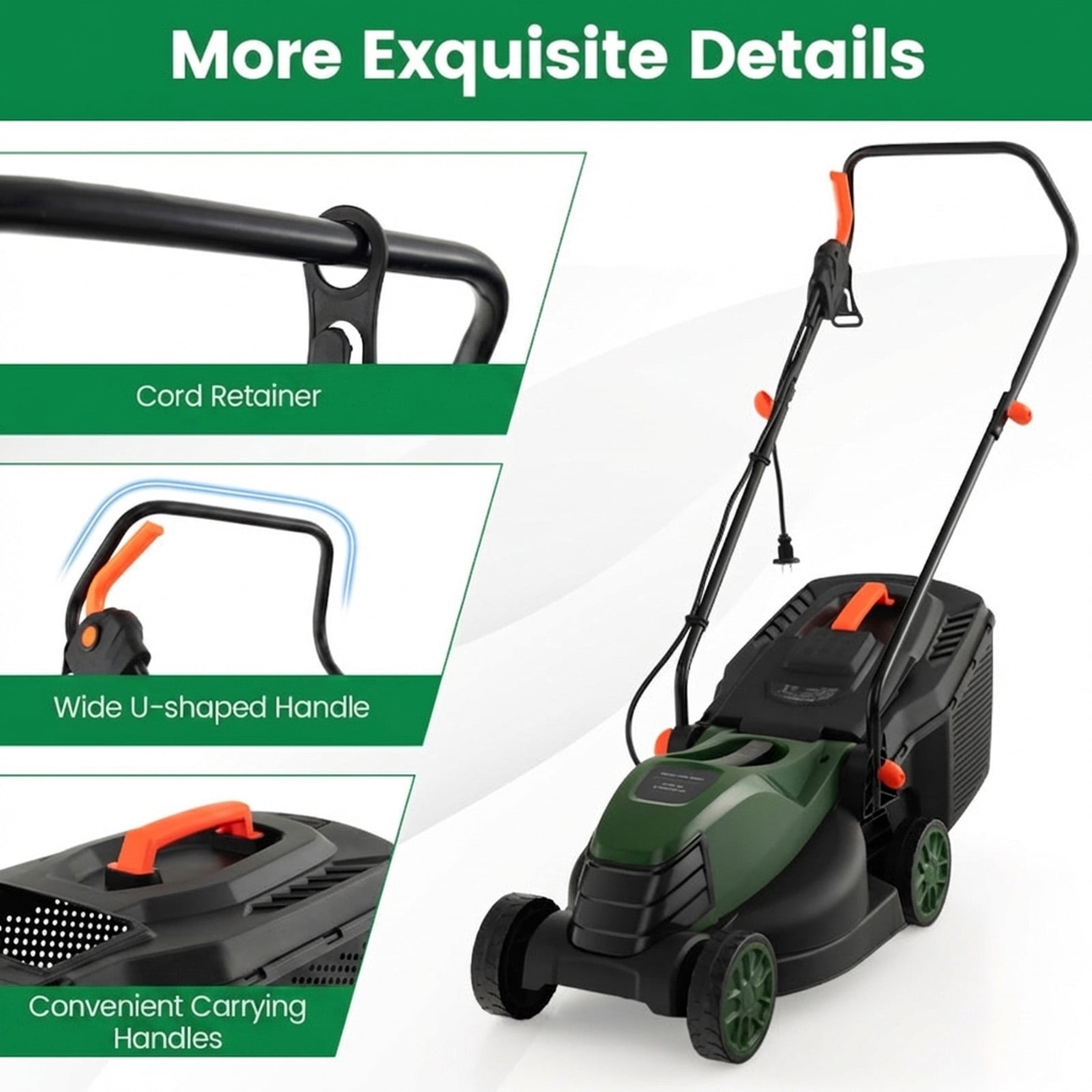 Biotree 12-AMP 13.5 Inch Adjustable Electric Corded Lawn Mower with Collection Box-Green - Outdoor Electric Lawn Yard Care Tool