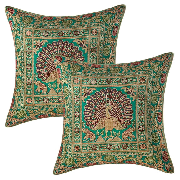 Stylo Culture Indian Zippered Brocade Emerald Green And Gold Throw Pillow Covers 40x40 cm Jacquard Weave Banarasi Christmas Pillow Covers Peacock Floral 16x16 Decorative Cushion Covers (Set Of 2)