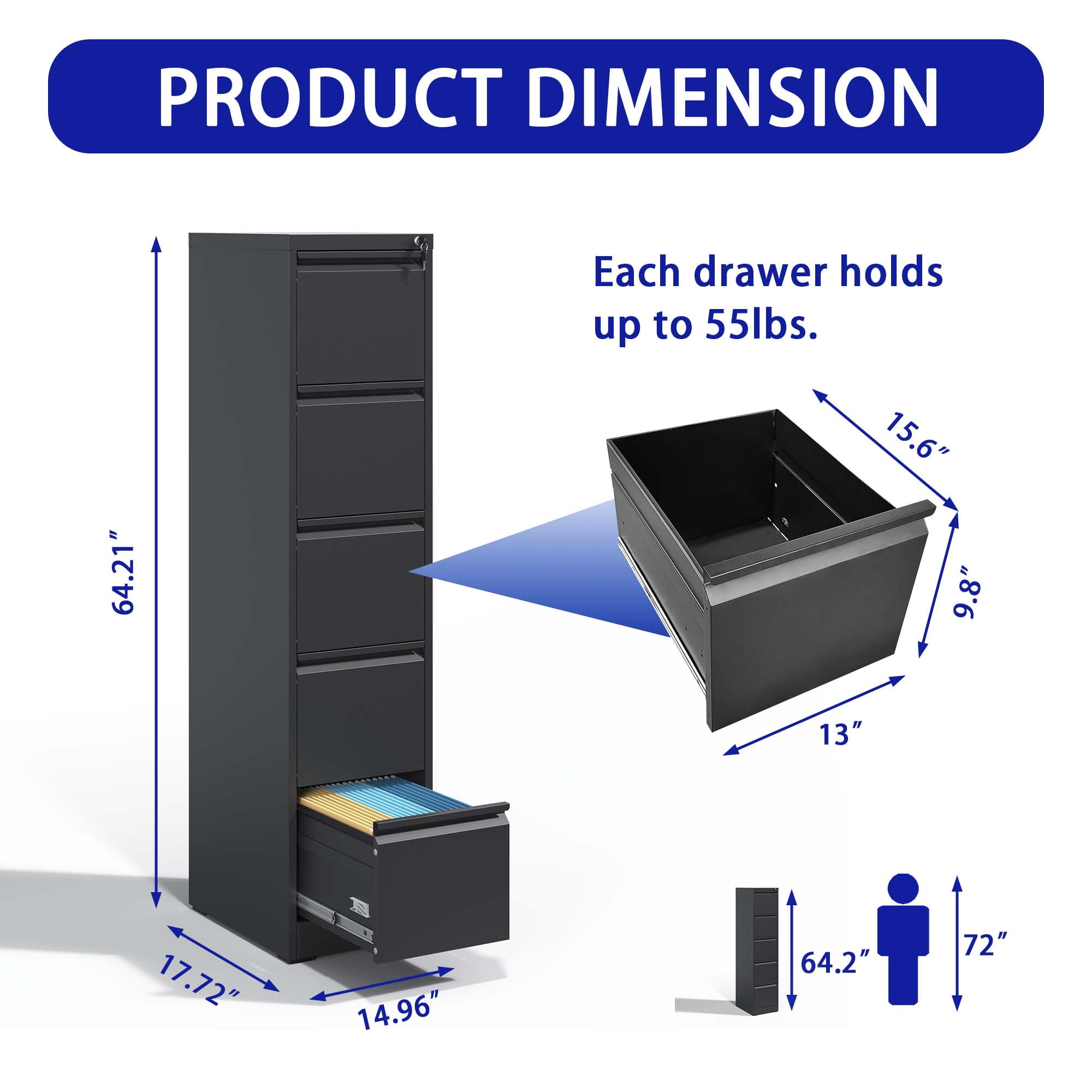 5 Drawer Filing Cabinet With Lock, Metal File Cabinet For Home Office, Locking Vertical File Storage Cabinet For A4/Letter/Legal Size File, Assembly Required