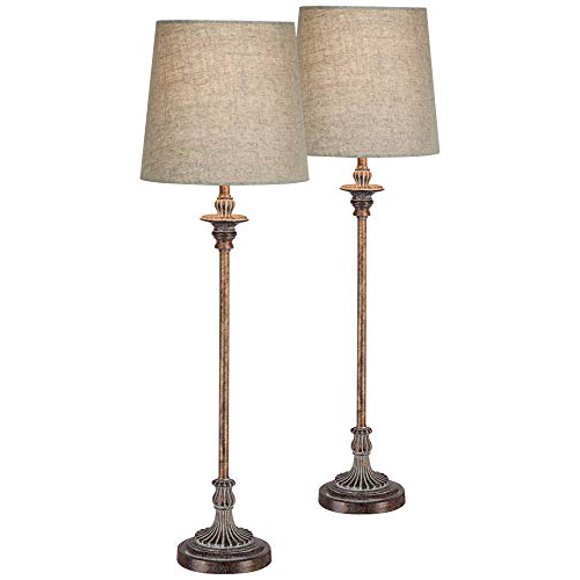 Bentley Traditional French Country Style 31.5" Tall Buffet Table Lamps Set of 2 Weathered Brown Ridged Linen Fabric Tapered Drum Shade Decor for Livin