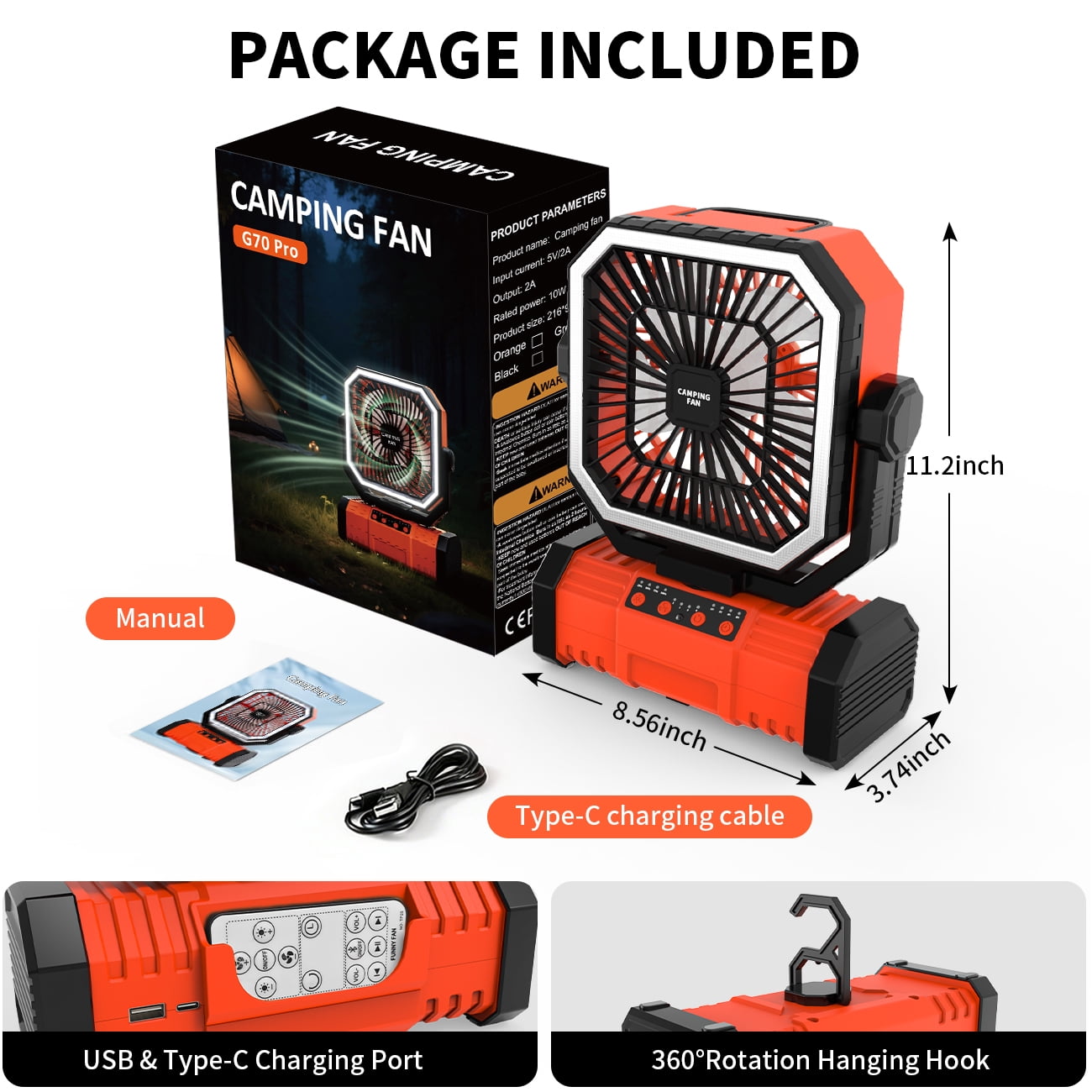 SuperRGB Portable Camping Fan, 20000mAh Rechargeable Battery Operated Fan with LED Light & Remote, 4 Speeds, Timer & Hanging Hook for Tent, Outdoor, Travel, Emergency Orange