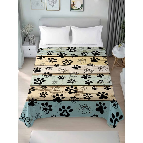Teal Brown Paw Prints Twim XL Size Flat Sheet, Wrinkleproof & Fadeproof Cooling Flat Bed Sheet Only, Vintage Farmhouse Wooden Grain Breathable Soft Bedding Top Sheets 66 x 102 Inches