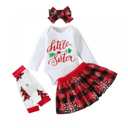 

BULLPIANO Newborn Baby Girl Clothes Big Sister Little Sister Matching Outfits Infant Romper Plaid Skirt Leg Warmers Headband 4Pcs Christmas Outfits