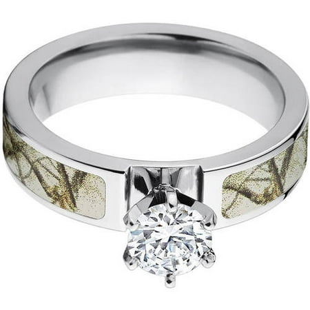 1 Carat T.G.W. Round CZ in 14kt White Gold Setting Cobalt Camo Engagement Ring with a RealTree Snow Camo Inlay