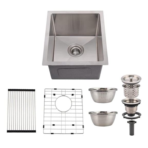 15in Undermount Single Bowl Kitchen Sink 16 Gauge Stainless Steel Workstation Brushed Nickel Easy Drain System Drying Rack Grid and Drain Kit
