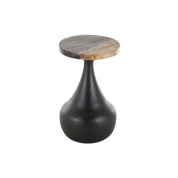 DecMode 12" x 20" Black Teak Wood Handmade Fluted Accent Table with Brown Tabletop, 1-Piece