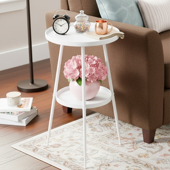 PinkSheep Round End Table Small Side Table Accent Table with Storage for Living Room Bedroom, 2 Tier Metal Plant Stands Pots Holder for Indoors, White
