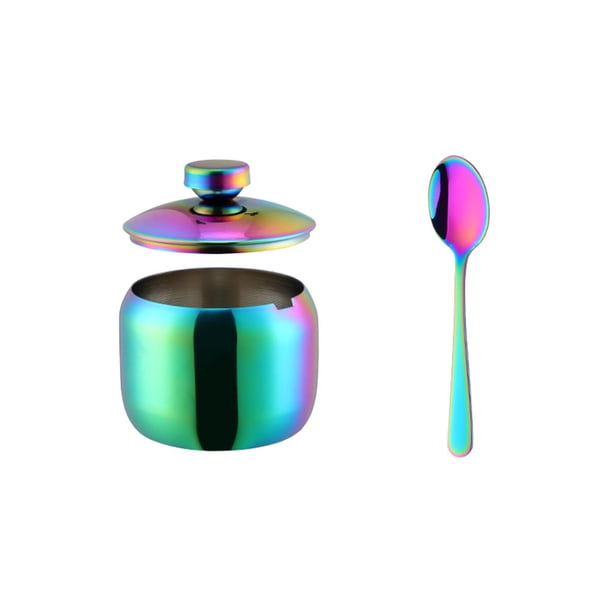 Tarro 304 Recipiente de acero inoxidable Tarro de 10 oz con tapa de vidrio transparente y cuchara Tarro dorado Apto para lavavajillas Recipiente para condimentos y especias para dulces y café