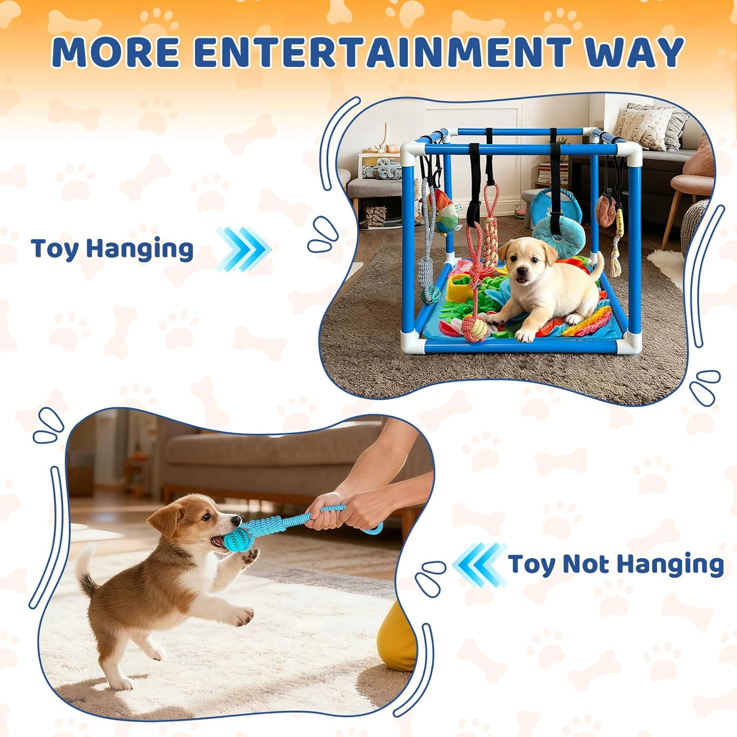 Play Gym for Small Dogs with PVC Frame, 10 Hanging Toys & Stretchy Ropes for Indoor Enrichment Activity