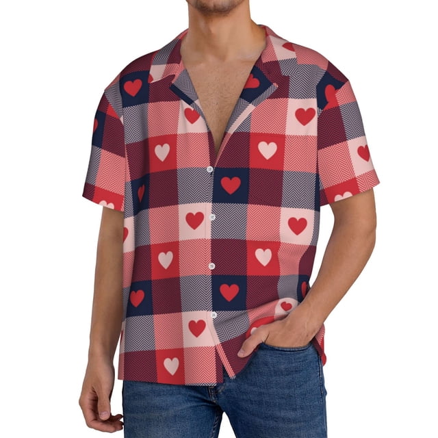 Balery Heart Plaid Camisa Casual de Manga Corta con Botones para Hombre, Texturizada, Estilo Cubano, para Playa, Verano-Large