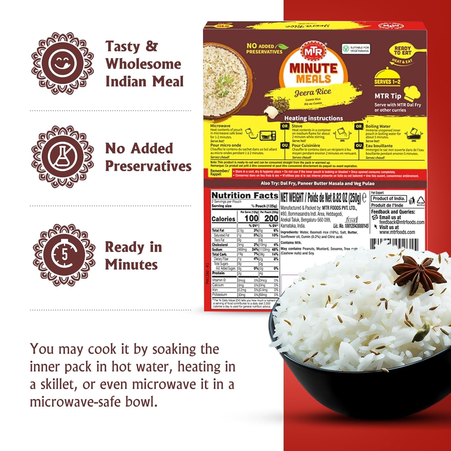 MTR Jeera Rice (250g, Pack of 6) – Cumin-Flavored Microwavable Indian Rice, Vegetarian, Ready in Minutes, Tasty & Nutritious Ready-to-Eat Meal
