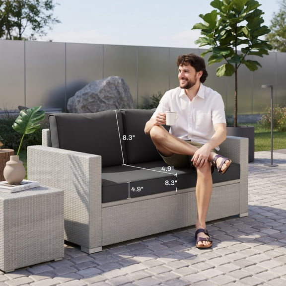 Resenkos 2-Piece Outdoor Loveseat Cushion Set – Thick Black Patio Seat & Back Cushions, Removable Machine-Washable Covers, Fade-Resistant Yarn-Dyed Fabric, UPF 50 UV Protection